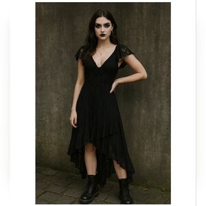 Thirty/Thirty XS Y2K Dress Black Lace Asymmetrical Flutter Sl.Goth Fairy Witchy